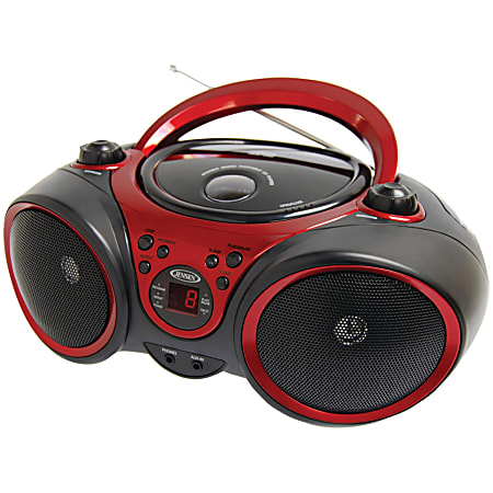 JENSEN 3W RMS CD-490 Portable Stereo CD Player With AM/FM Radio, 5-13/16”H x 9-1/8”W x 8-1/4”D, Black/Red