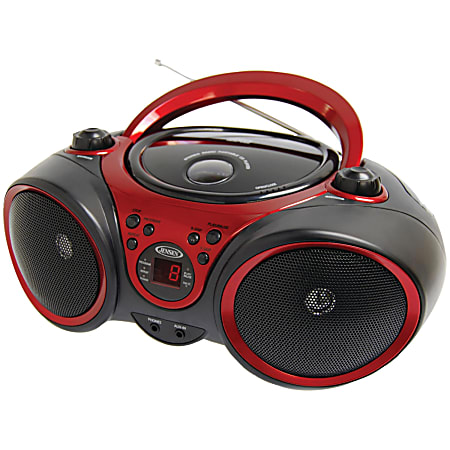 JENSEN 3W RMS CD-490 Portable Stereo CD Player With AM/FM Radio, 5-13/16&rdquo;H x 9-1/8&rdquo;W x 8-1/4&rdquo;D, Black/Red