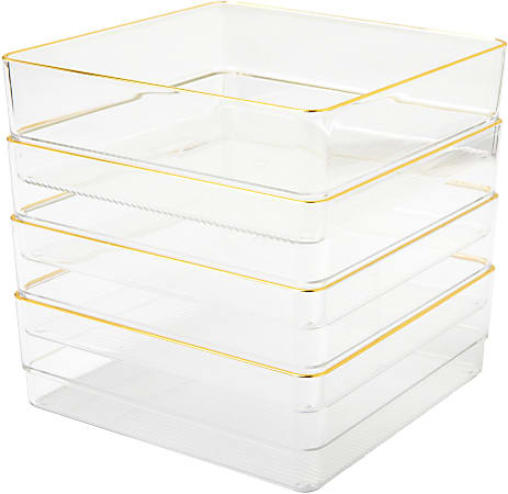 Martha Stewart Kerry Plastic Stackable Office Desk Drawer Organizers, 2"H x 6"W x 6"D, Clear/Gold Trim, Pack Of 4 Organizers