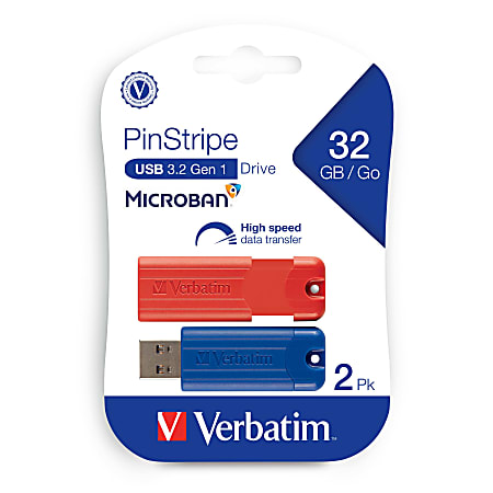 Verbatim® PinStripe USB 3.2 Gen 1 Flash Drives, 32GB, Blue/Red, 2 Pack, 70056