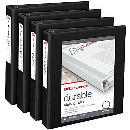 Office Depot® Brand Durable View 3-Ring Binder, 1 1/2" Round Rings, Black, Pack Of 4