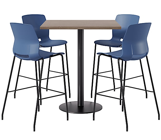 KFI Studios Proof Bistro Square Pedestal Table With Imme Bar Stools, Includes 4 Stools, 43-1/2”H x 36”W x 36”D, Studio Teak Top/Black Base/Navy Chairs