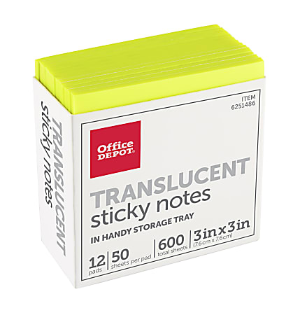 Office Depot® Brand Translucent Sticky Notes, With Storage Tray, 3" x 3", Yellow, 50 Notes Per Pad, Pack Of 12 Pads