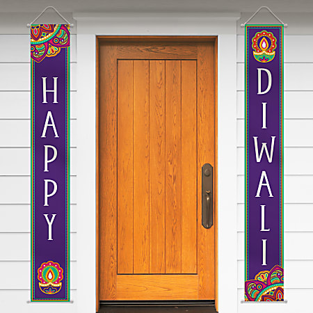 Amscan Happy Diwali Hanging Canvas Flags, 74" x 13-1/2", Purple, Pack Of 2 Flags