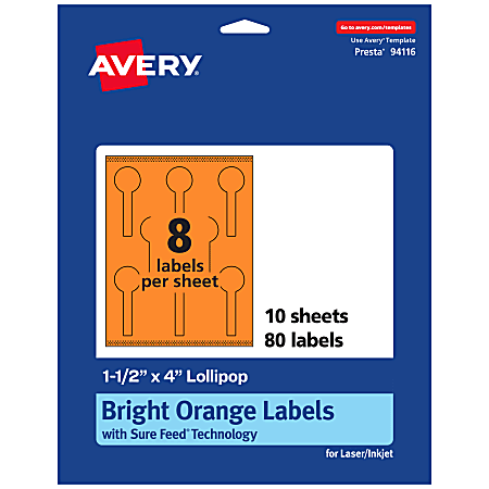 Avery® Print-To-The-Edge Labels With Sure Feed® Technology, 94116-BOP10, Lollipop, 1-1/2" x 4", Matte Bright Orange, Pack of 80