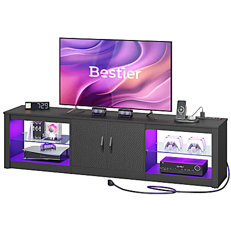 Bestier Modern LED Gaming TV Stand For 75" TVs With 2 Cabinets And Power Outlets, 18-1/2"H x 70-7/8"W x 13-3/4"D, 3D Carbon Fiber Black