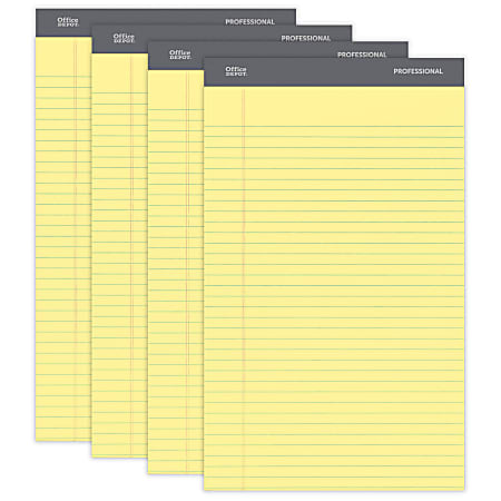 Office Depot® Brand Professional Writing Pads, 8 1/2" x 14", Legal/Wide Ruled, 50 Sheets, Canary, Pack Of 4