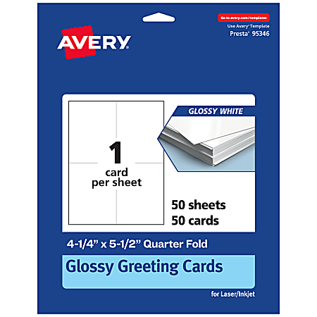 Avery® Printable Quarter-Fold Greeting Cards, 4-1/4" x 5-1/2" Glossy White, Pack Of 50