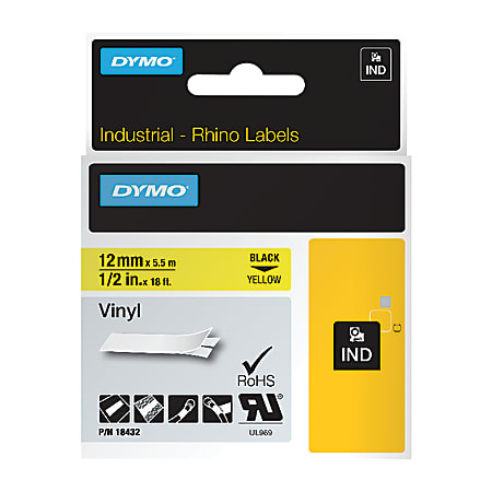 DYMO® RhinoPRO 18432 Vinyl Label Tape, 15/32"W x 18 3/64'L , Rectangle, Black on Yellow