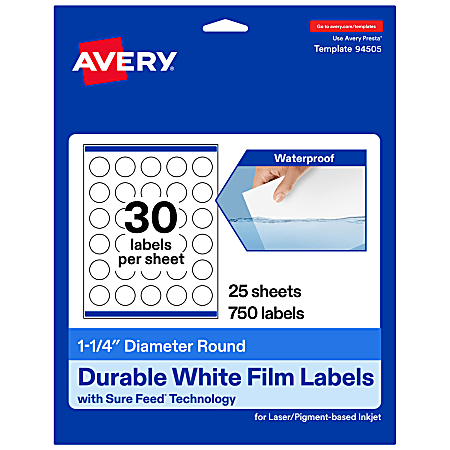 Avery® Waterproof Permanent Labels With Sure Feed®, 94505-WMF25, Round, 1-1/4" Diameter, White, Pack Of 750