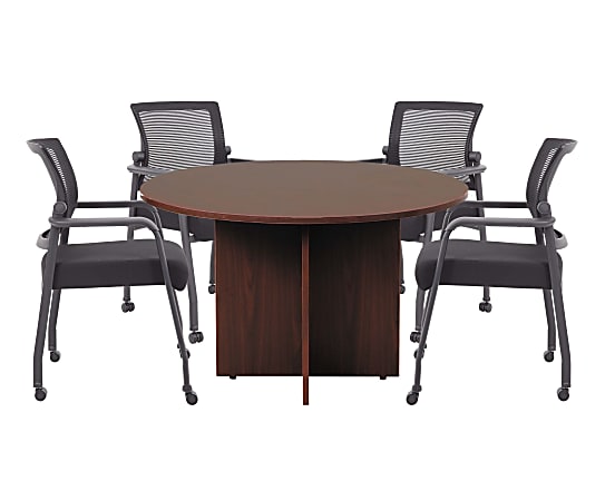 Boss Office Products 47" Round Table And Mesh Guest Chairs With Casters Set, Mahogany/Black