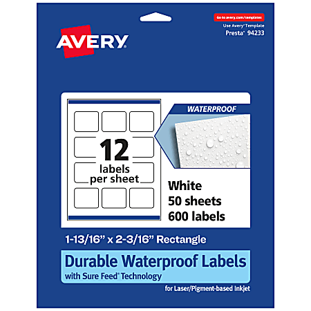Avery® Waterproof Permanent Labels With Sure Feed®, 94233-WMF50, Rectangle, 1-13/16" x 2-3/16", White, Pack Of 600