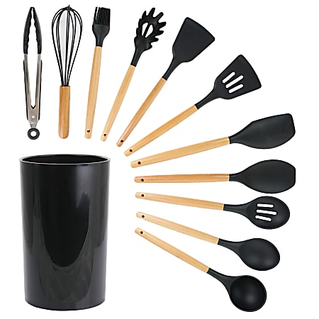 MegaChef Silicone And Wood Cooking Utensils, Black, Set