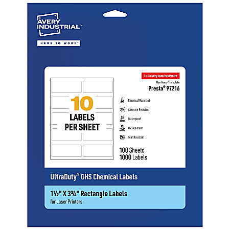 Avery® Ultra Duty® Permanent GHS Chemical Labels, 97216-WMU100, Rectangle, 1-1/2" x 3-3/4", White, Pack Of 1,000