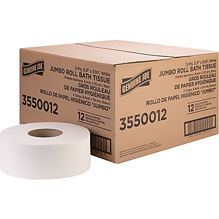 Genuine Joe Jumbo Jr Dispenser Bath Tissue Roll - 2 Ply - 3.30" Width x 500 ft Length - 8.88" Roll Diameter - White - Fiber - 12 / Carton