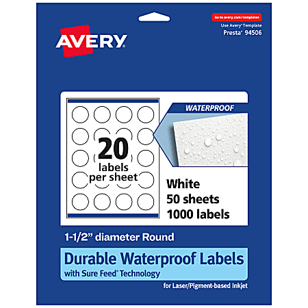 Avery® Waterproof Permanent Labels With Sure Feed®, 94506-WMF50, Round, 1-1/2" Diameter, White, Pack Of 1,000