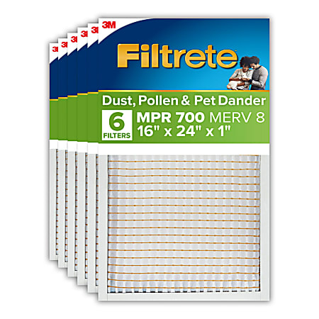 Filtrete™ 16 x 24 x 1 Air Filter, 6 HVAC Filters, MPR 700, Merv 8, Dust, Pollen & Pet Dander, 3 Month Pleated 1 Inch Electrostatic Air Filters