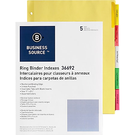 Business Source Insertable Tab Ring Binder Indexes - 5 Blank Tab(s)2" Tab Width - 8.5" Divider Width x 11" Divider Length - Letter - 3 Hole Punched - Multicolor Tab(s) - 250 / Box