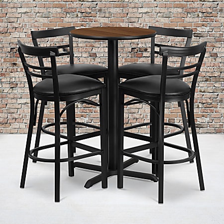 Flash Furniture Round Laminate Table Set With X-Base And Four 2-Slat Ladder-Back Metal Barstools, 42"H x 24"W x 24"D, Walnut/Black