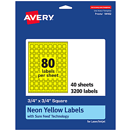 Avery® Print-To-The-Edge Labels With Sure Feed® Technology And Easy Peel®, 94102-NYP40, Square, 3/4" x 3/4", Matte Neon Yellow, Pack of 3200