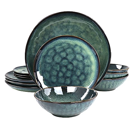 Elama Samara Stoneware Dinnerware Set, Green, Set Of 12 Pieces