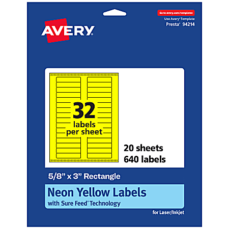 Avery® Printable Labels With Sure Feed® Technology, 94214-NYP20, Rectangle, 5/8" x 3", Matte Neon Yellow, Pack of 640