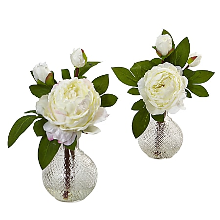 Nearly Natural Peony 11-1/2”H Artificial Floral Arrangements With Vase, 11-1/2”H x 9”W x 9”D, White, Set Of 2