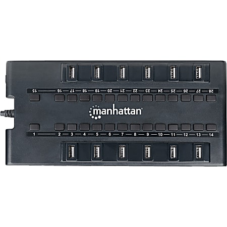 Manhattan 28-Port MondoHub, AC Power, 24 USB 2.0 Ports & 4 USB 3.0 Ports - Replaces less-capable hubs with compact multiport design and high-capacity 4-amp power adapter