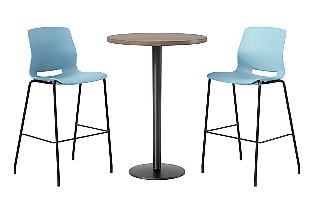 KFI Studios Proof Bistro Round Pedestal Table With Imme Barstools, 2 Barstools, 30", Studio Teak/Black/Sky Blue Stools