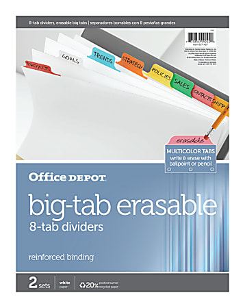 Office Depot Brand Erasable Big Tab Dividers 8 Tab Multicolor Pack