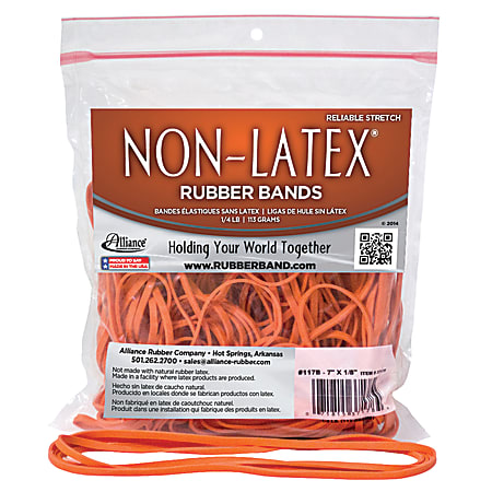 Alliance® Non-Latex Rubber Bands, #117B (7" x 1/8"), Orange, 1/4 Lb. Bag