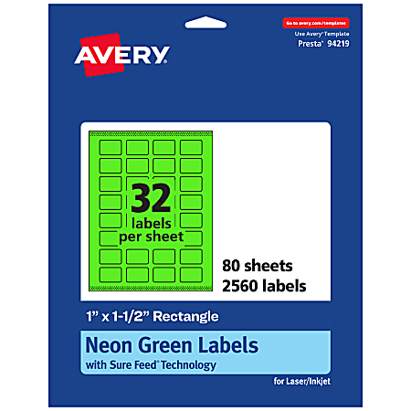 Avery® Print-To-The-Edge Labels With Sure Feed® Technology And Easy Peel®, 94219-NGP80, Rectangle, 1" x 1-1/2", Matte Neon Green, Pack of 2560