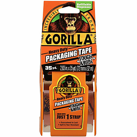 Gorilla Heavy-Duty Tough & Wide Shipping/Packaging Tape - 35 yd Length x 2.83" Width - 1.50" Core - Clear - Dispenser Included - 1 Roll