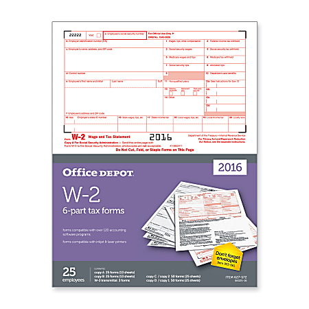 Office Depot® Brand W-2 Inkjet/Laser Tax Forms, 2-Up, 6-Part, 8 1/2" x 11", White, Pack Of 25 Forms