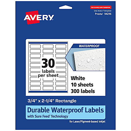 Avery® Waterproof Permanent Labels With Sure Feed®, 94216-WMF10, Rectangle, 3/4" x 2-1/4", White, Pack Of 300