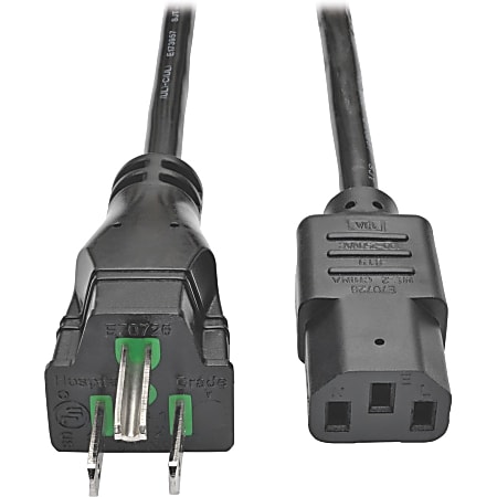 Eaton Tripp Lite Series Hospital-Grade Power Cord, NEMA 5-15P to C13 - Green Dot, 10A, 125V, 18 AWG, 8 ft. (2.43 m) Coiled Cord, Black - P006C08HG10