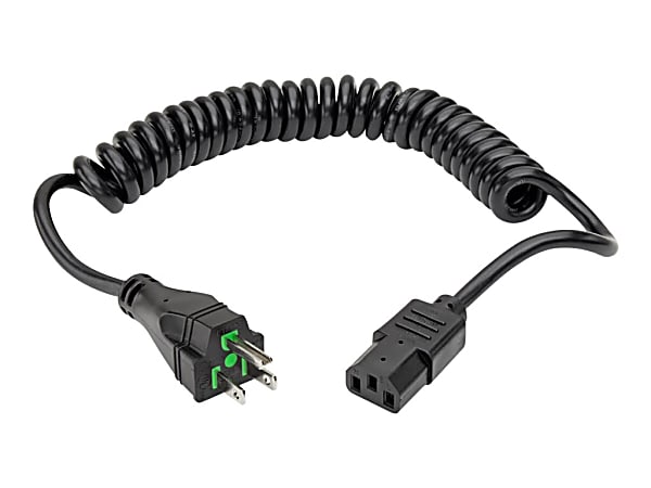 Eaton Tripp Lite Series Hospital-Grade Power Cord, NEMA 5-15P to C13 - Green Dot, 10A, 125V, 18 AWG, 8 ft. (2.43 m) Coiled Cord, Black - Power cable - power IEC 60320 C13 to NEMA 5-15P (M) - AC 110 V - 10 A - 8 ft - coiled, molded - black