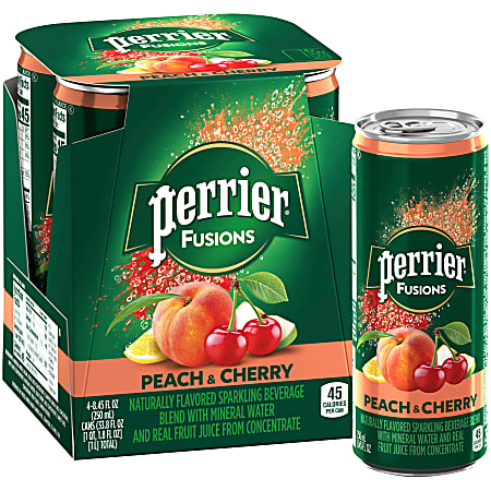 Perrier And Juice Drink, Peach And Cherry, 8.45 Oz, Pack Of 4 Cans