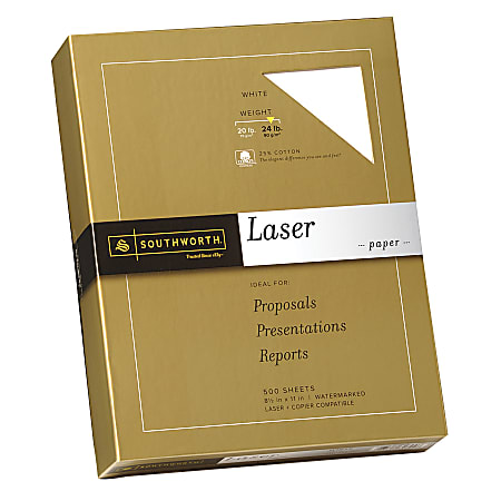 Southworth® 25% Cotton Laser Paper, 8 1/2" x 11", FSC® Certified, 55% Recycled, 24 Lb, White, Box Of 500