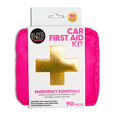 BLINGSTING Essentials Car First Aid Kit, 5”H x 5”W x 2”D, Pink, Set Of 90 Pieces