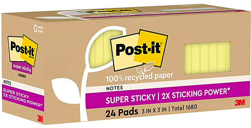Post-it Super Sticky Recycled Notes, 3 in x 3 in, 24 Pads, 70 Sheets/Pad, 2x the Sticking Power, Canary Yellow, 100% Recycled