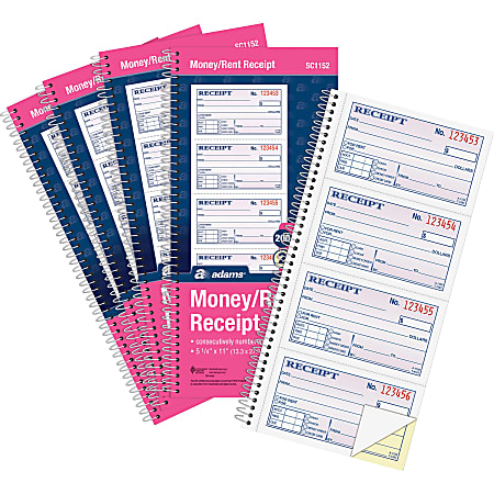 Adams Spiral 2-part Money/Rent Receipt Book - 200 Sheet(s) - Spiral Bound - 2 Part - 11" x 5.25" Form Size - White, Canary - Assorted Sheet(s) - 5 / Pack