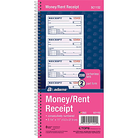 Adams Spiral 2-part Money/Rent Receipt Book - 200 Sheet(s) - Spiral Bound - 2 Part - 11