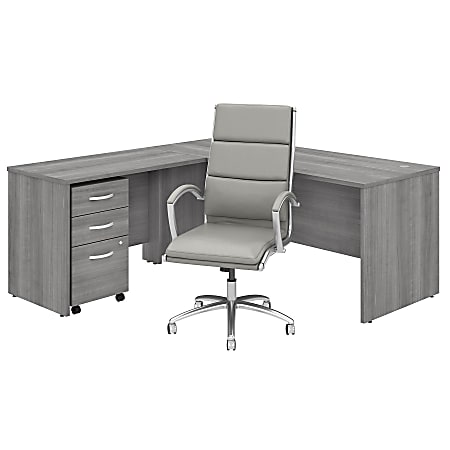 Bush Business Furniture Studio C 71"W L-Shaped Desk With Mobile File Cabinet And High-Back Office Chair, Platinum Gray, Premium Installation