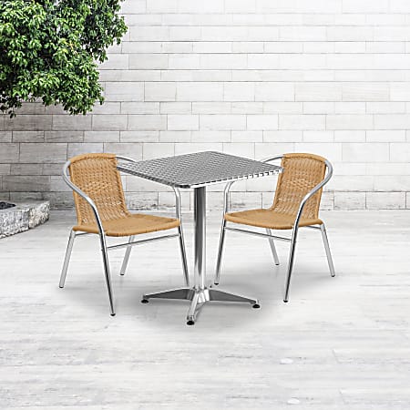 Flash Furniture Lila 3-Piece 23-1/2" Square Aluminum Indoor/Outdoor Table Set With Rattan Chairs, Beige