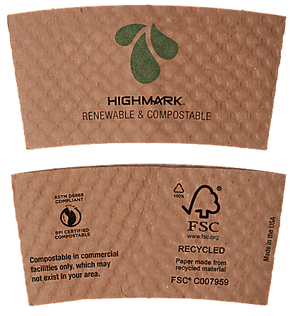 Eco Products EcoGrip Cup Sleeves For 20 Oz Hot Cups, 100% Recycled, Kraft, Carton Of 1,300