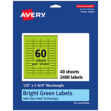 Avery® Print-To-The-Edge Labels With Sure Feed® Technology And Easy Peel®, 94204-BGP40, Rectangle, 1/2" x 1-3/4", Matte Bright Green, Pack of 2400