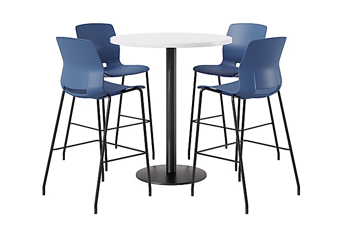 KFI Studios Proof Bistro Round Pedestal Table With Imme Barstools, 4 Barstools, 42", Designer White/Black/Navy Stools