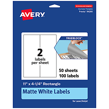 Avery® TrueBlock® Labels, 94266-TWMP50, Rectangle, 11" x 4-1/4", Matte White, Pack Of 100