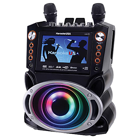 Karaoke USA GF946 DVD/CD+G/MP3+G Bluetooth 35W Karaoke System With 7” TFT Digital Color Screen, LED Lights, HDMI Output And 2 Microphones, 10-5/8”H x 13”W x 17-13/16”D, Black